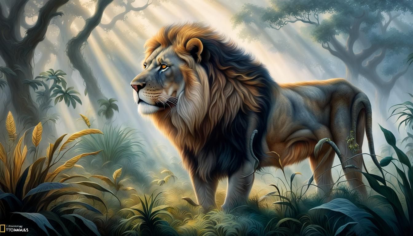 Majestic Lion Roams the Misty Jungle