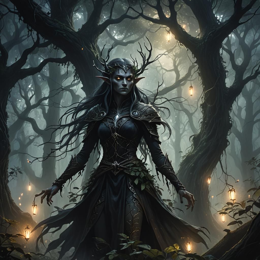 Dark Elf in Moody Forest Landscape