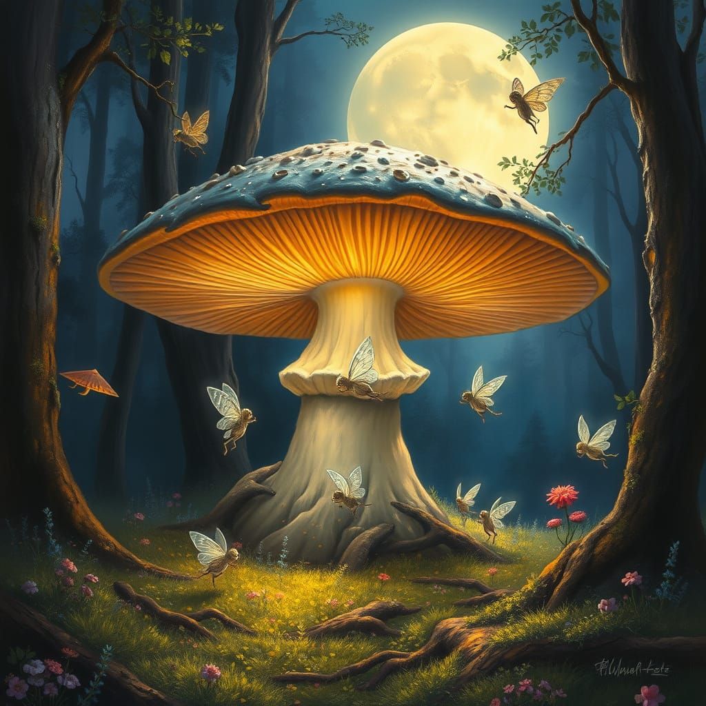 Mischievous Sprites Dance Around Giant Mushroom in Moonlit F...