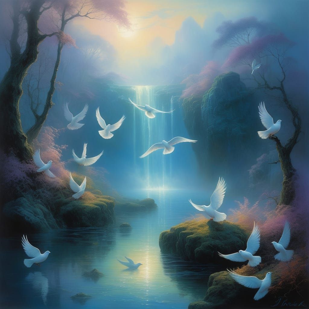 Surreal Doves in Luminous Mist