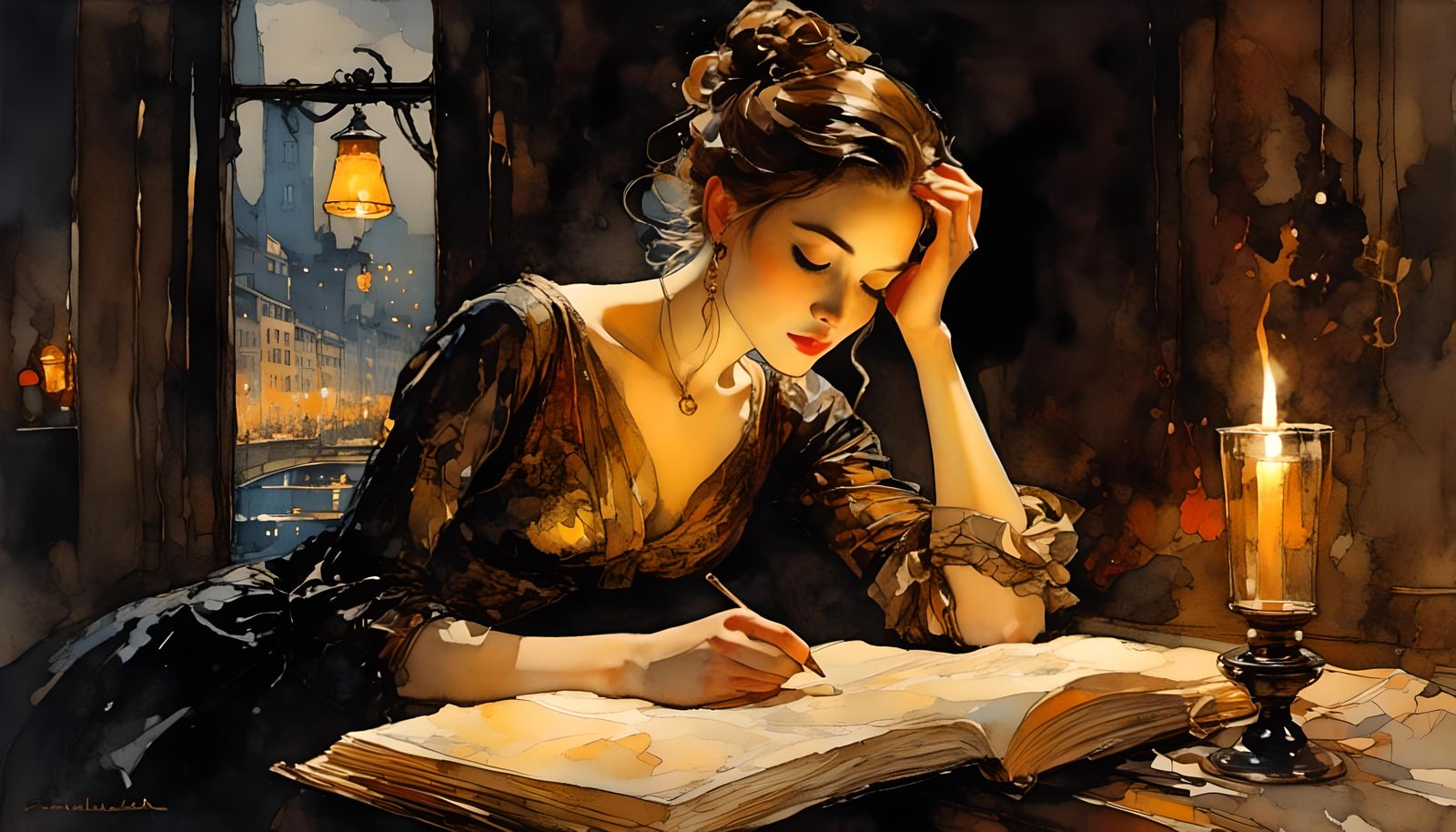 Woman Reading by Candlelight in Dutch Masters Style