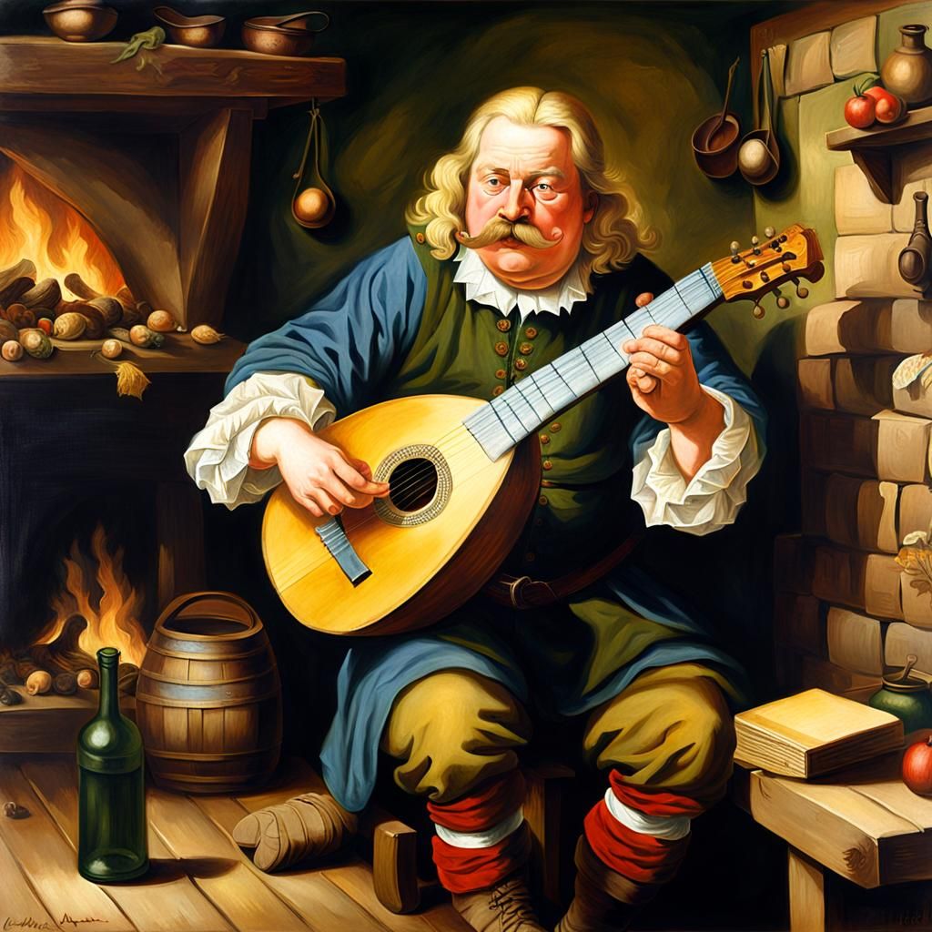 Arthurian Tavern Scene in 17th Century Oil Painting