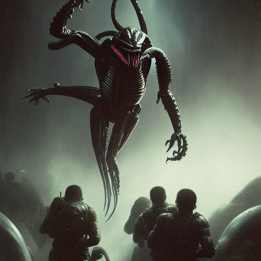 Predator Battles Alien and Terminator in Dark Horror Scene