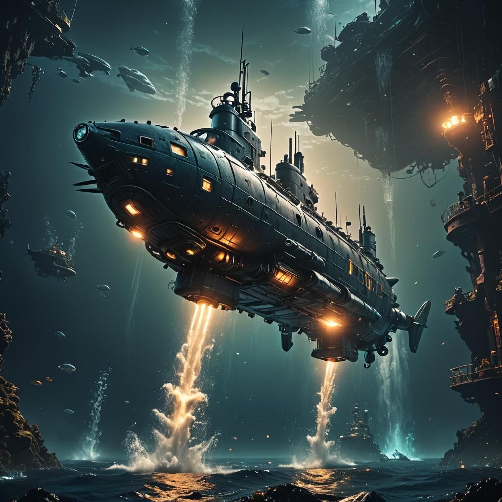 Surreal Submarine Illuminates the Dark Ocean in Cyberpunk Ae...