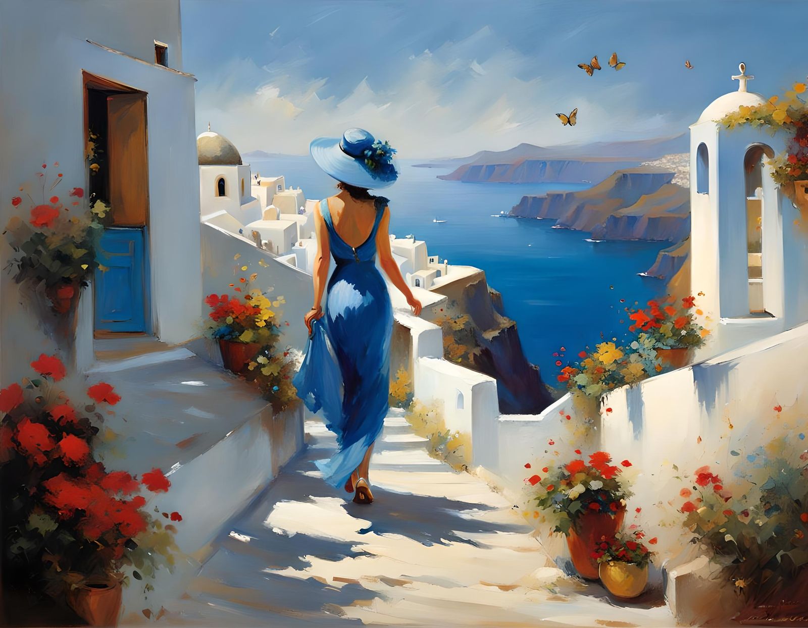 Woman Walking in Santorini in Dreamy Oil Painting Style