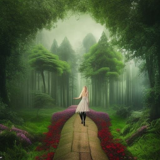 Enchanted Green Forest with Majestic Unicorn and Lovely Woma...