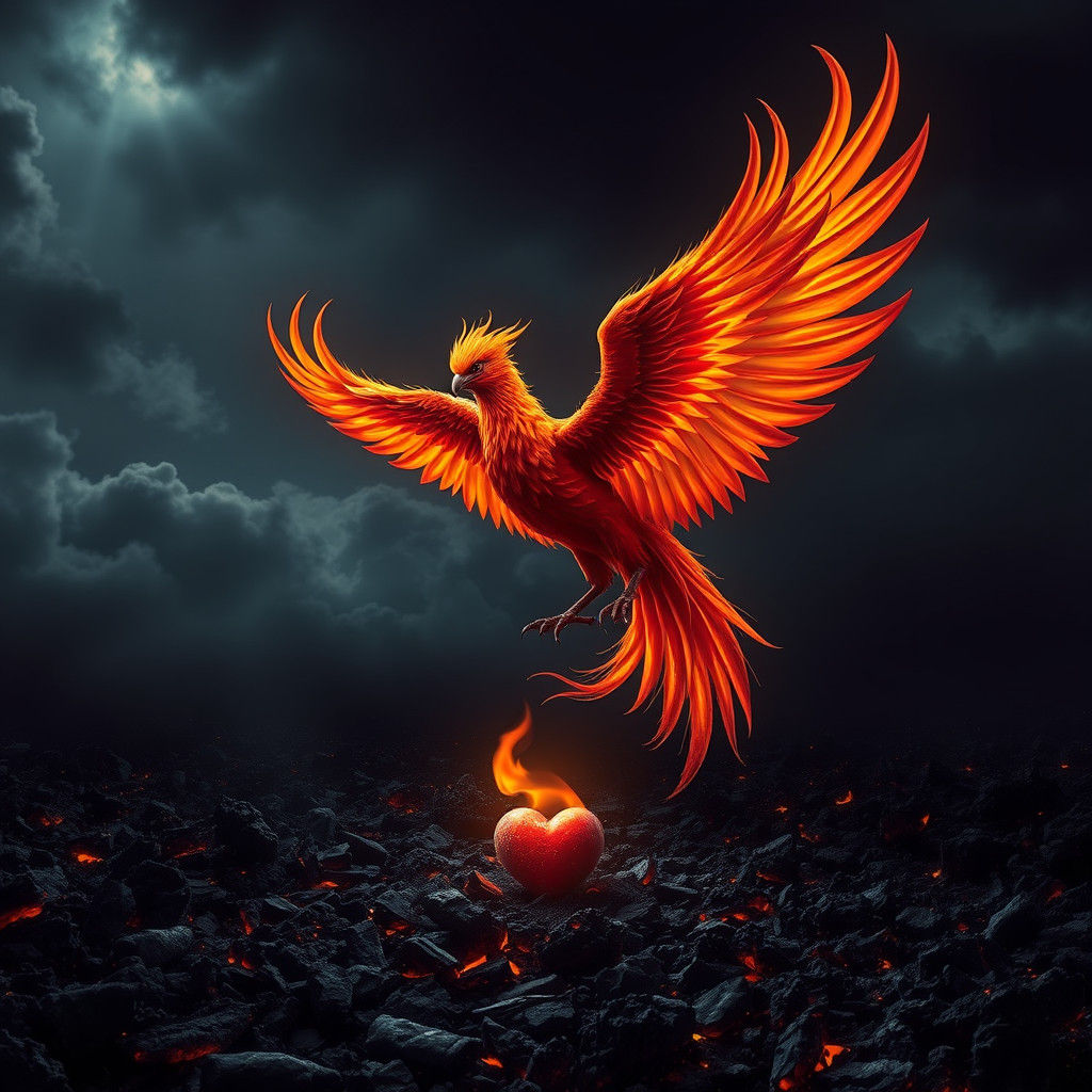 Fiery Phoenix Soars Over Ashes and Flickering Flames