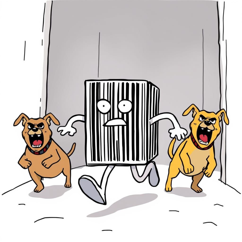 Cartoon Barcode Escapes Angry Dogs