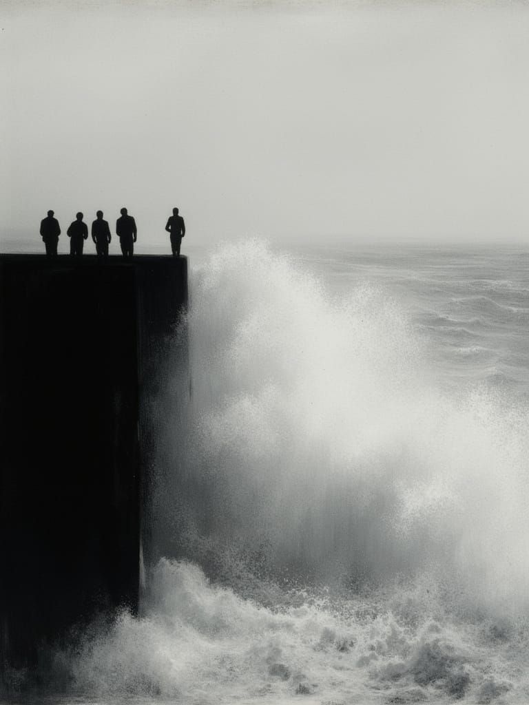 Monochrome Impressionist Seascape with Distant Figures