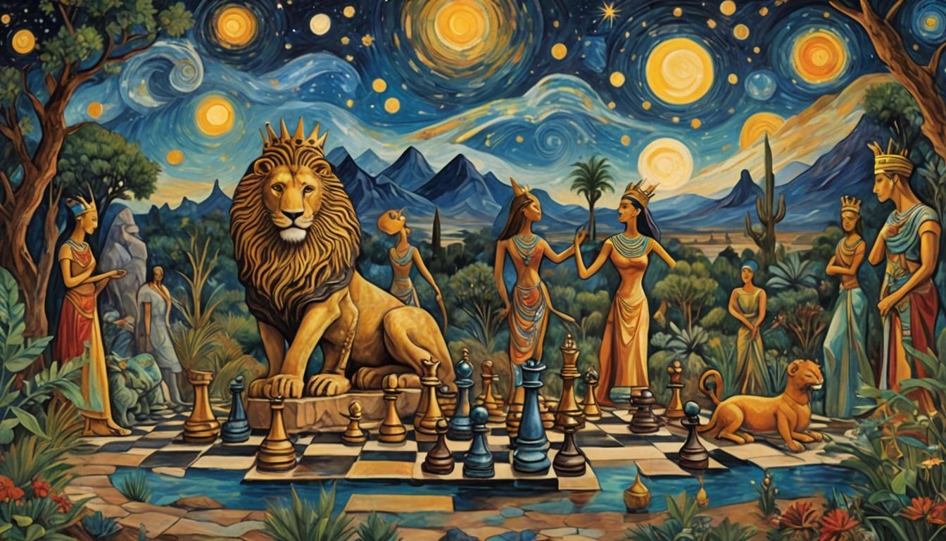 Magical Chessboard with Egyptian Queens in Van Gogh Style