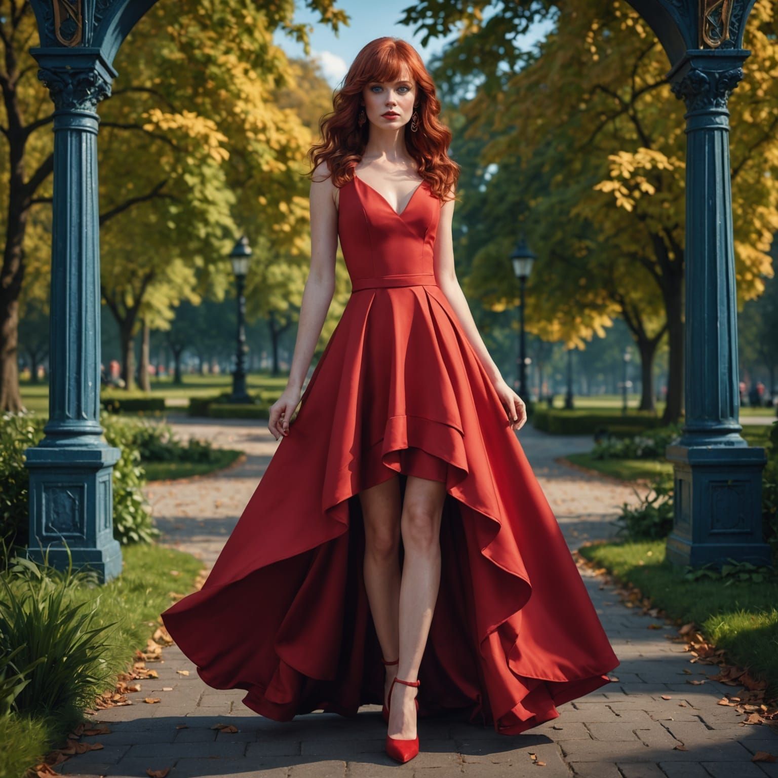 Ethereal Fantasy Portrait of a Red-Haired Woman in a lush pa...