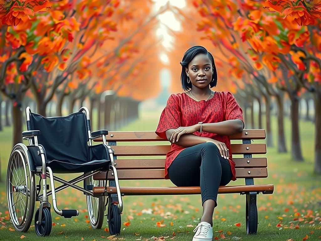 Stylish Woman on Blooming Park Bench