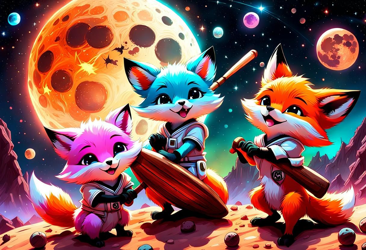 Chibi Foxes and Aliens Play Baseball on a Radiant Exotic Moo...
