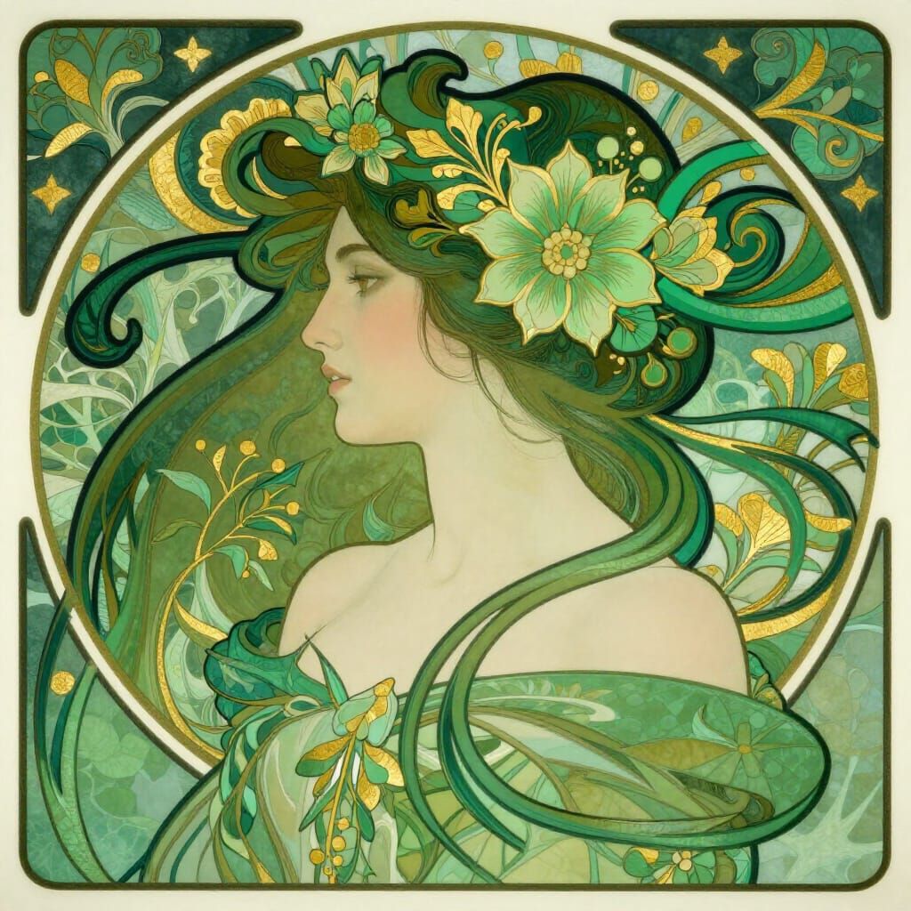 Elegant Woman in Art Nouveau Style with Green Floral Motifs