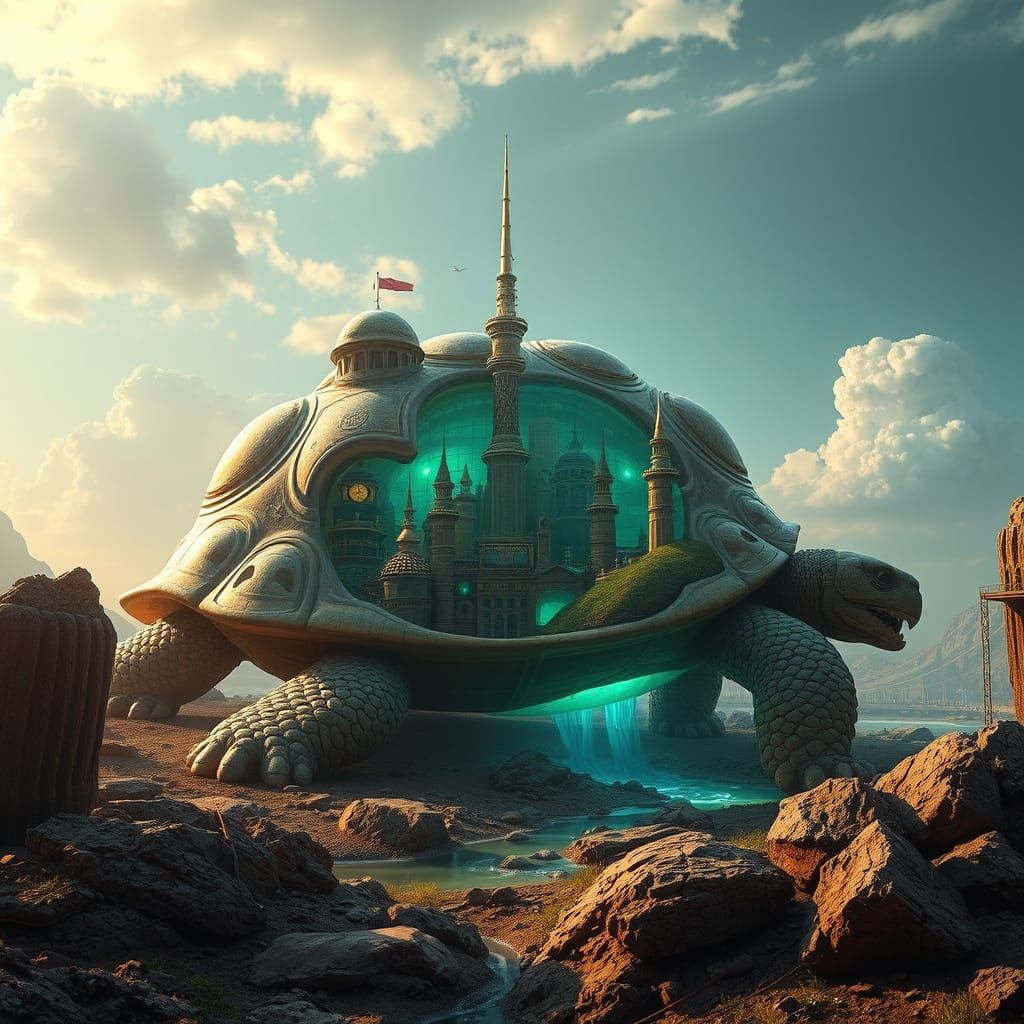 Futuristic City Within Giant Tortoise Shell
