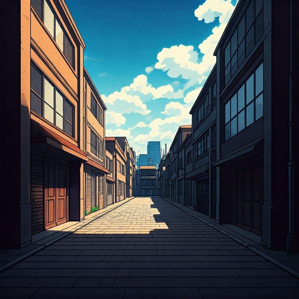 Urban Cityscape with Converging Lines in Anime Style