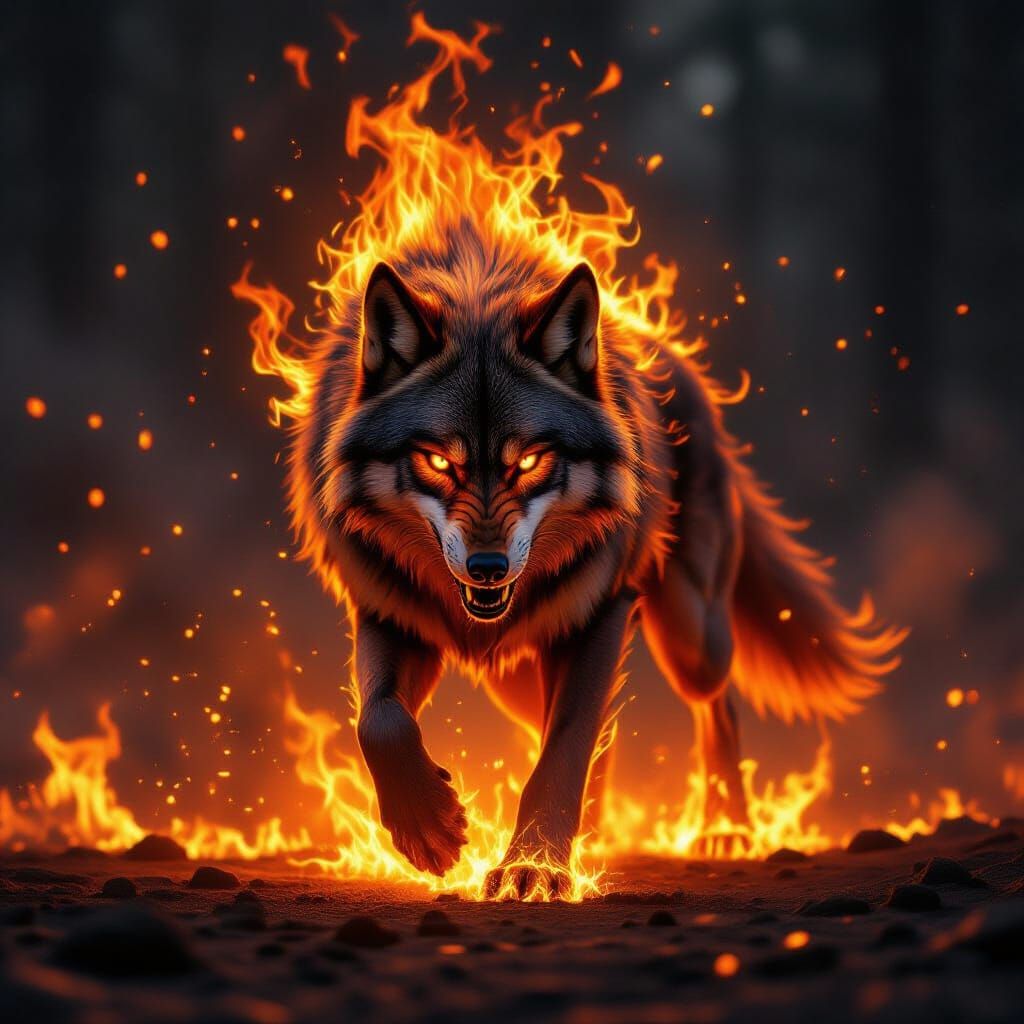 Fire Wolf Creature as Living Inferno in Digital Matte Painti...