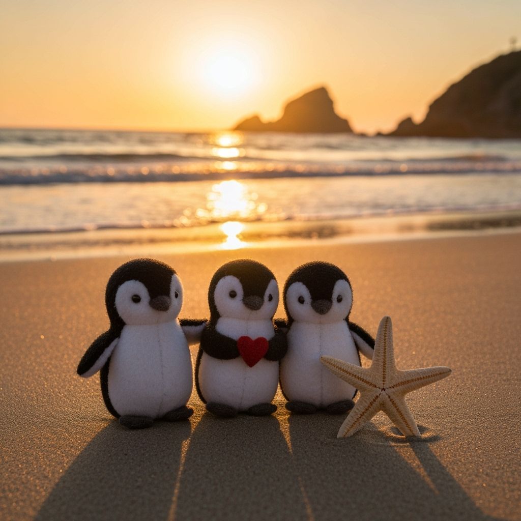 Miniature Plush Penguins at Sunset