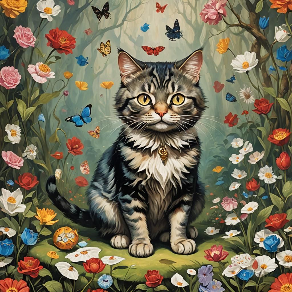 Whimsical Wonderland Cat in Oil Painting