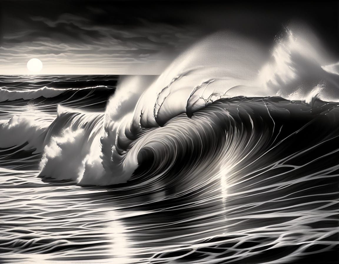 Powerful Breaking Wave in Photorealistic Charcoal Drawing