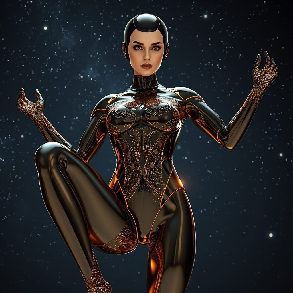 Cyberpunk Android Goddess in Black Chrome Bodysuit
