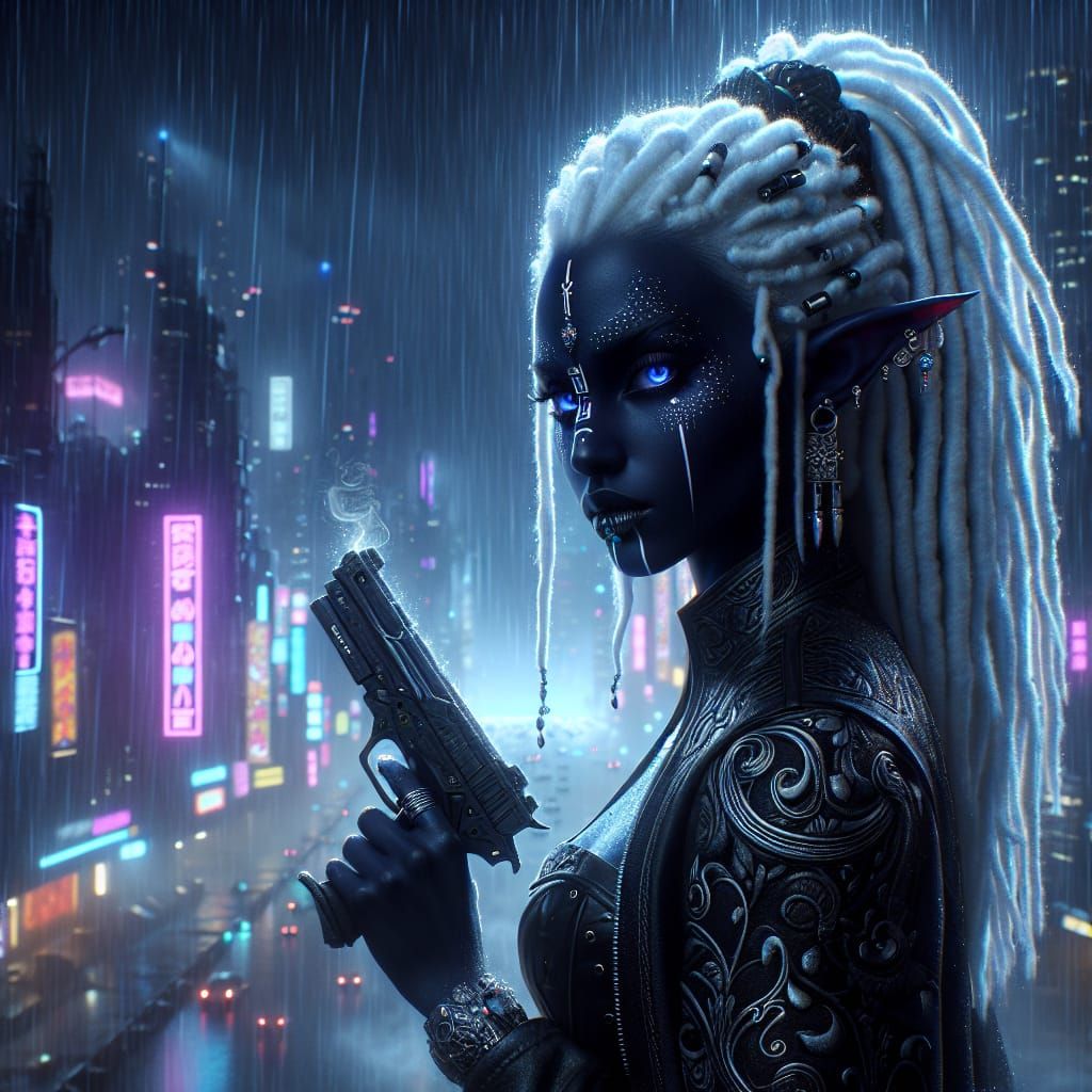 Dark Fantasy Assassin in Neon Night City