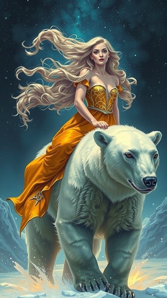 Golden Goddess on Polar Bear in Starry Night