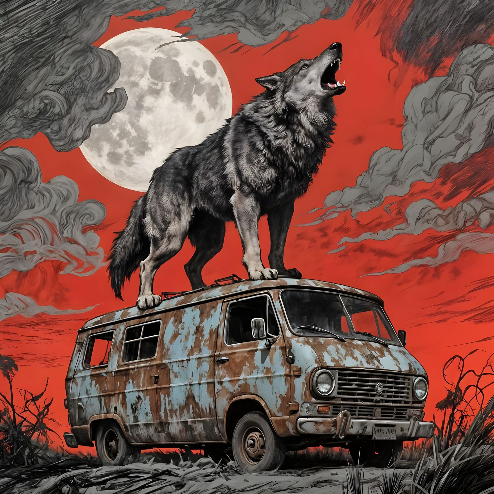 Oversized Wolf Howling on Van: Charcoal Drawing