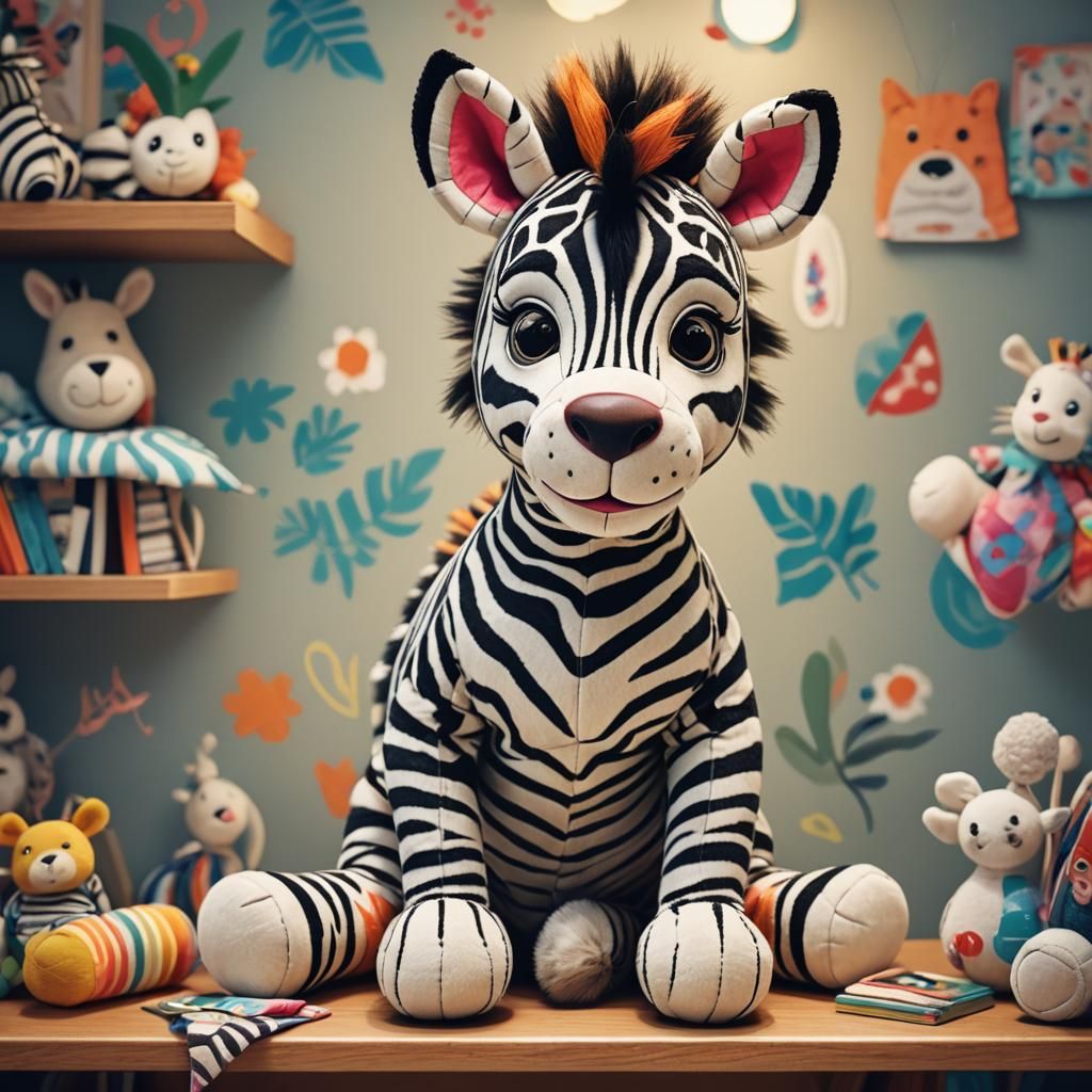 Vibrant Cartoon Zebra in Whimsical Childhood Scene