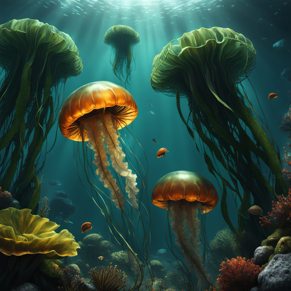 A vibrant kelp forest teeming with life. Medium shot. Hyperreal jellyfish dart among green kelp towers. The reef is rend...