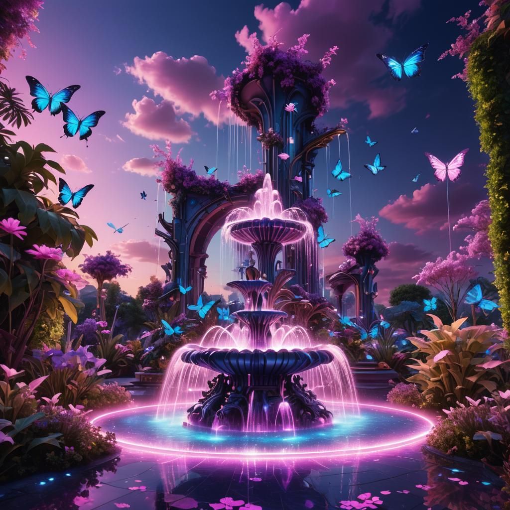 Enchanted Futuristic Oasis with Neon Blooms and Cosmic Light...