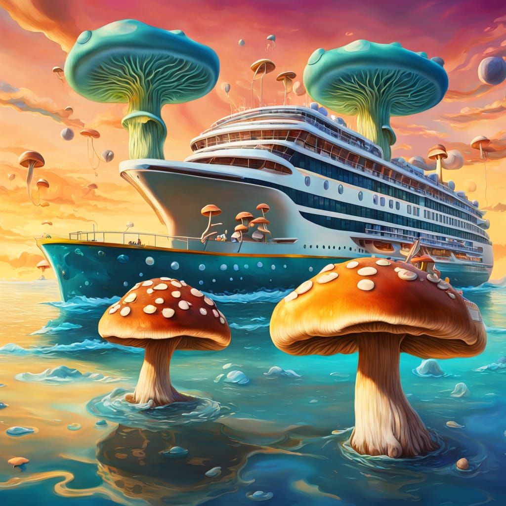 Surrealistic Mushroom Pickleball Players at Sunset