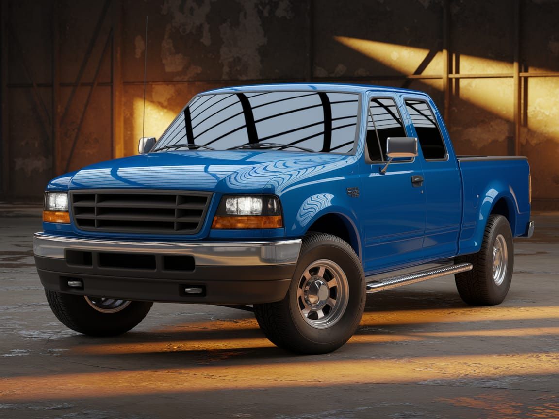 Vibrant Blue 2000 American Pickup in Dramatic Light