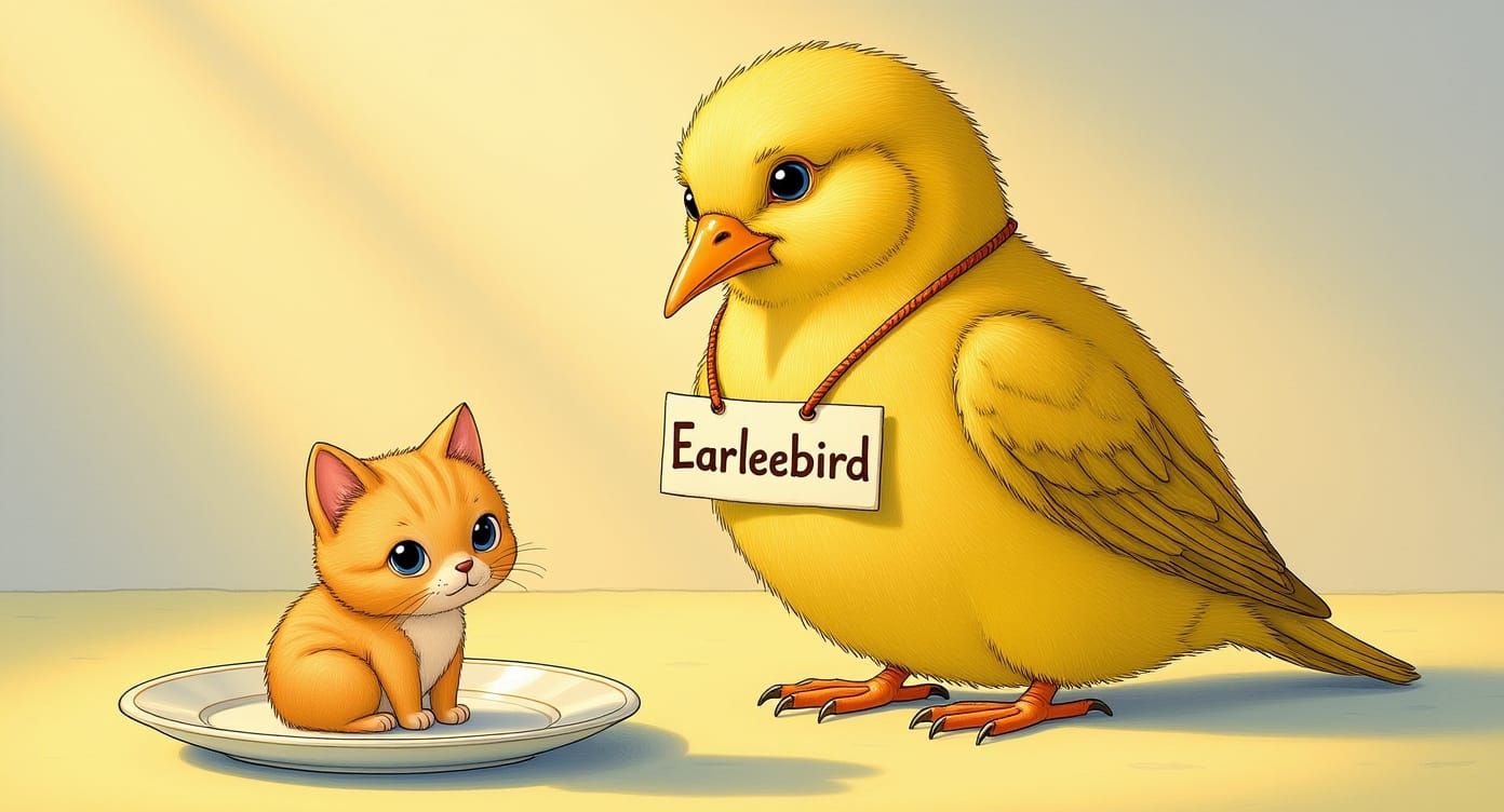 Giant Canary with 'Earleebird' Necklace Views Cat on Plate