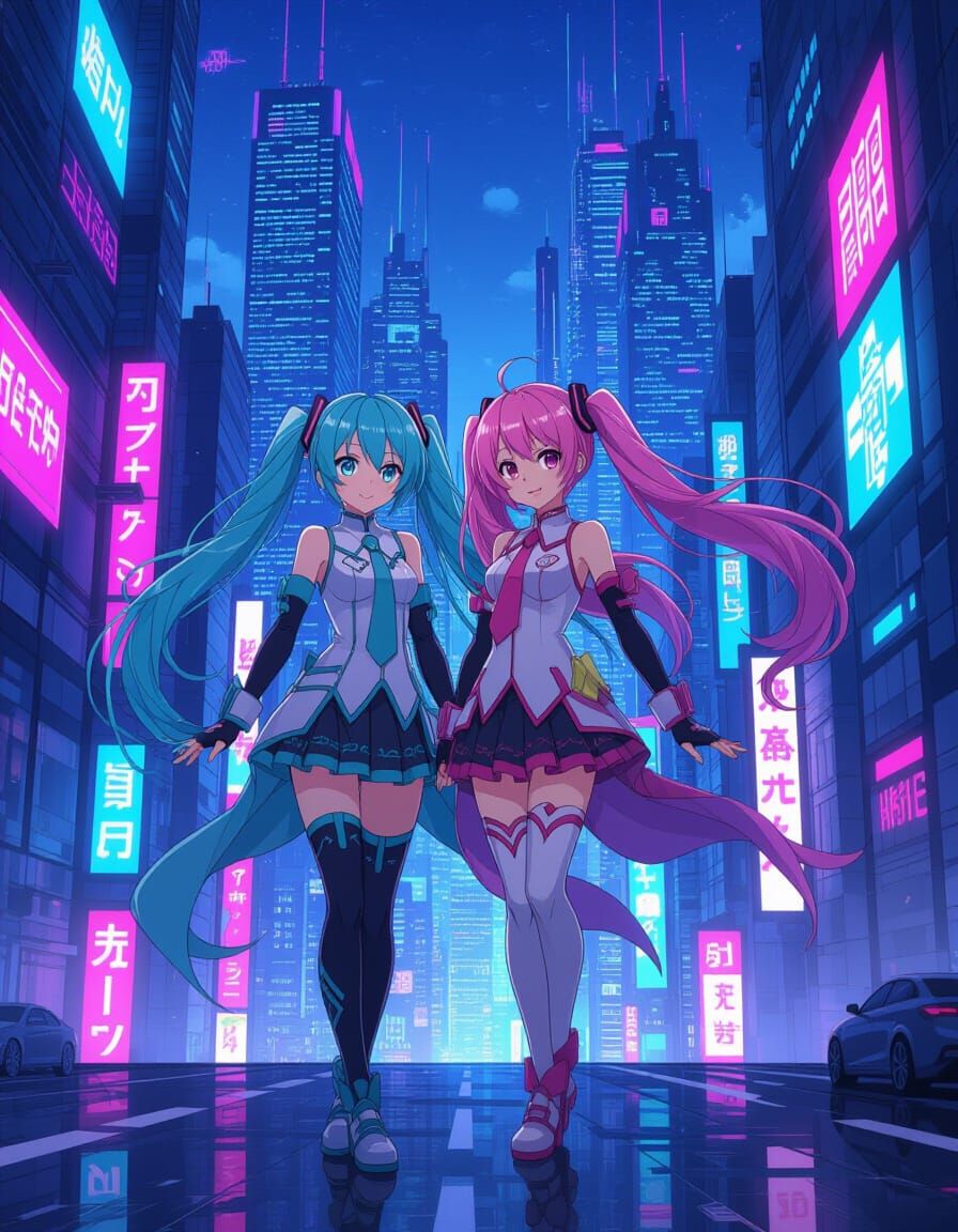 Miku and Teto in Futuristic Neon Cityscape