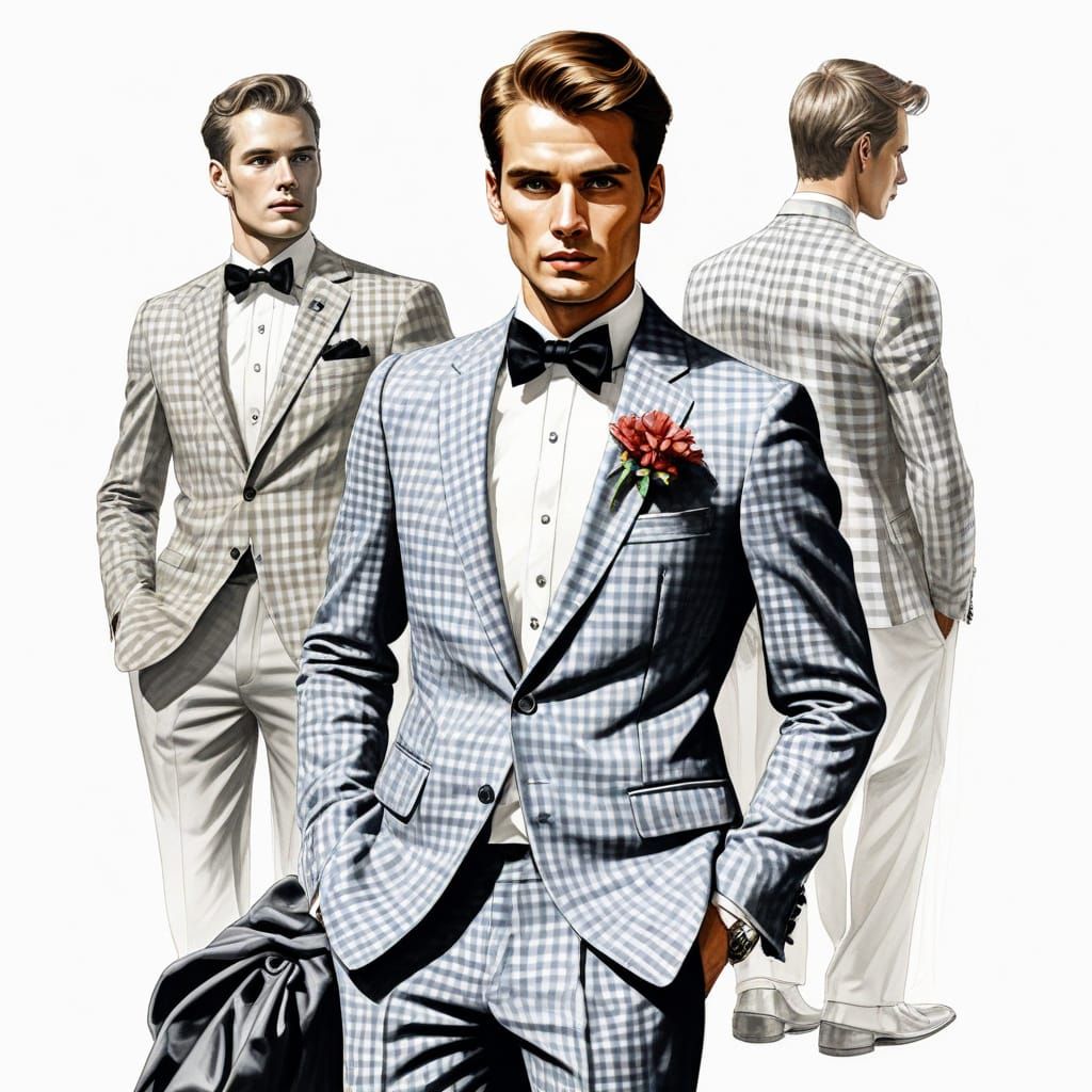 Elegant Gingham Tuxedo Fashion Sketch