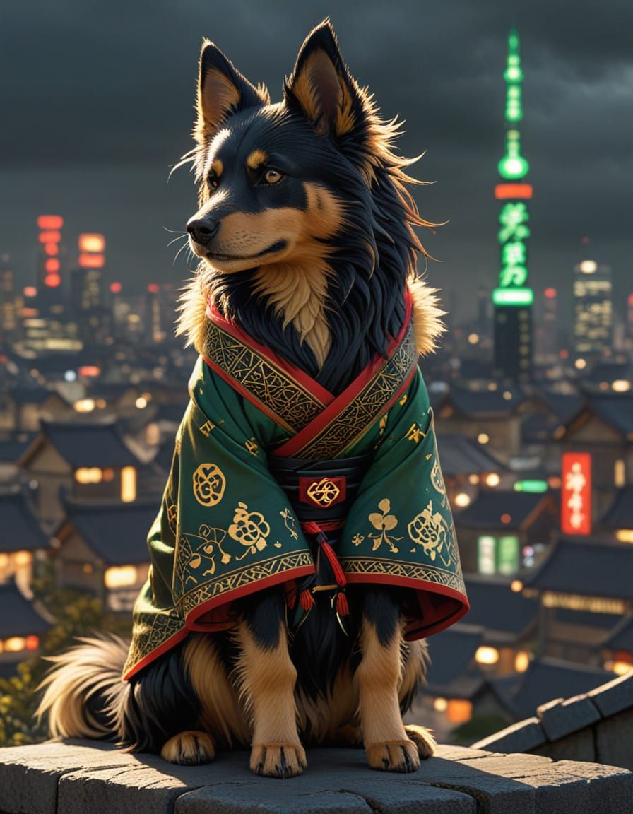Noble dog in a kimono