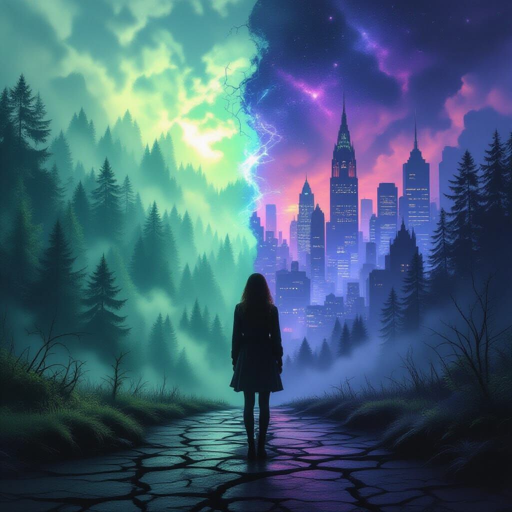 Woman at Worlds Edge: Forest Meets Gothic City