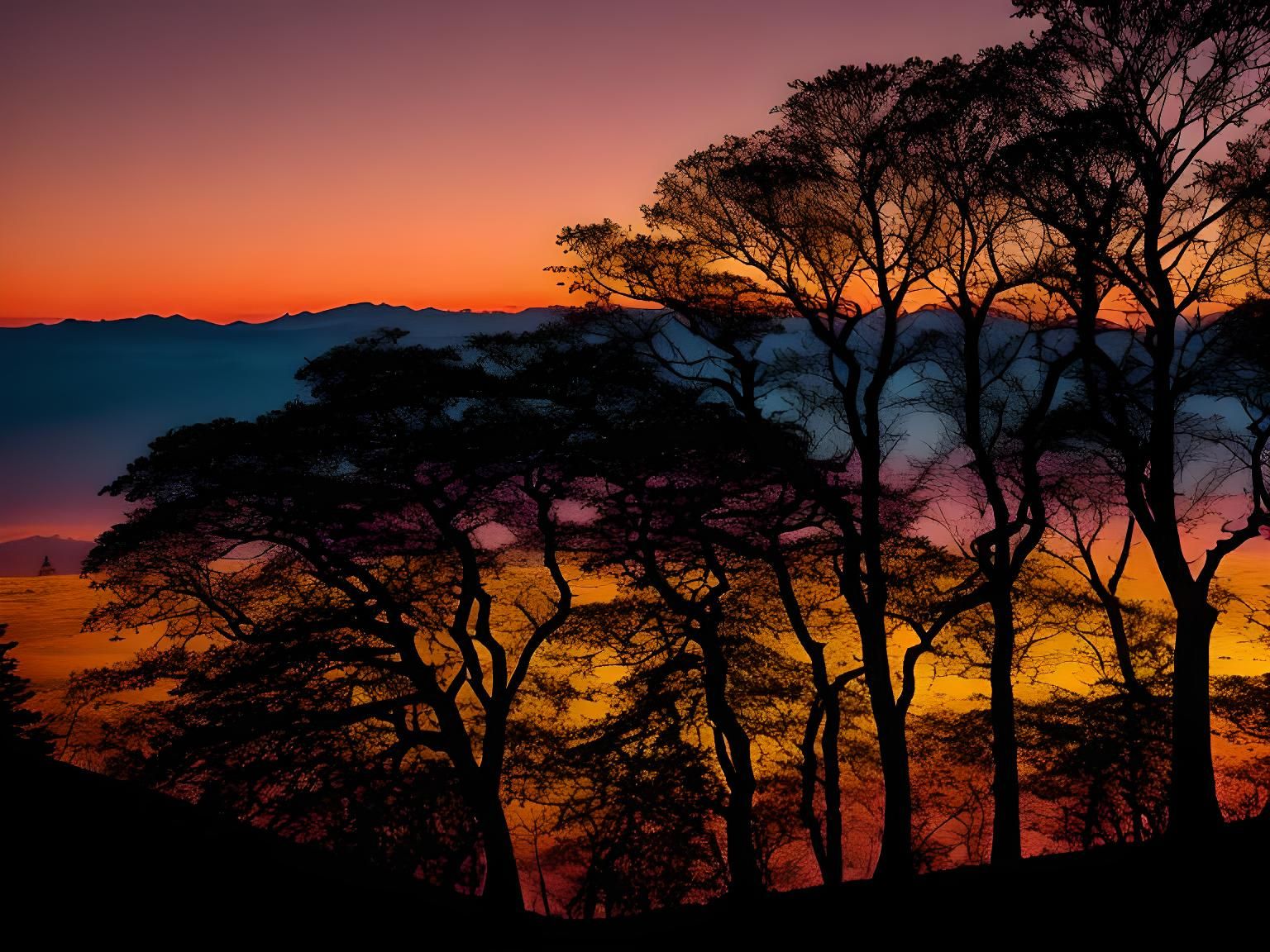 Trees Silhouetted Against a Coloured Sunset