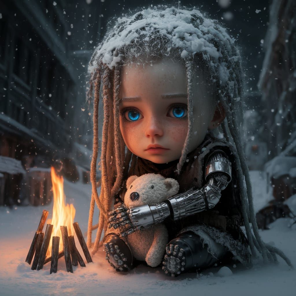 Cyberpunk Chibi Girl Amidst Winter Dystopia