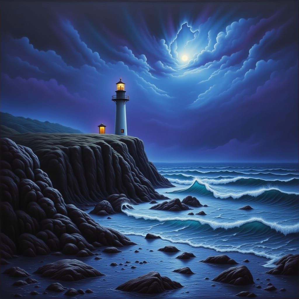 Dramatic Lighthouse Scene in Stormy Skies