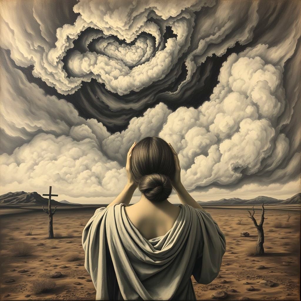 Surreal Hands in Prayer Charcoal Drawing