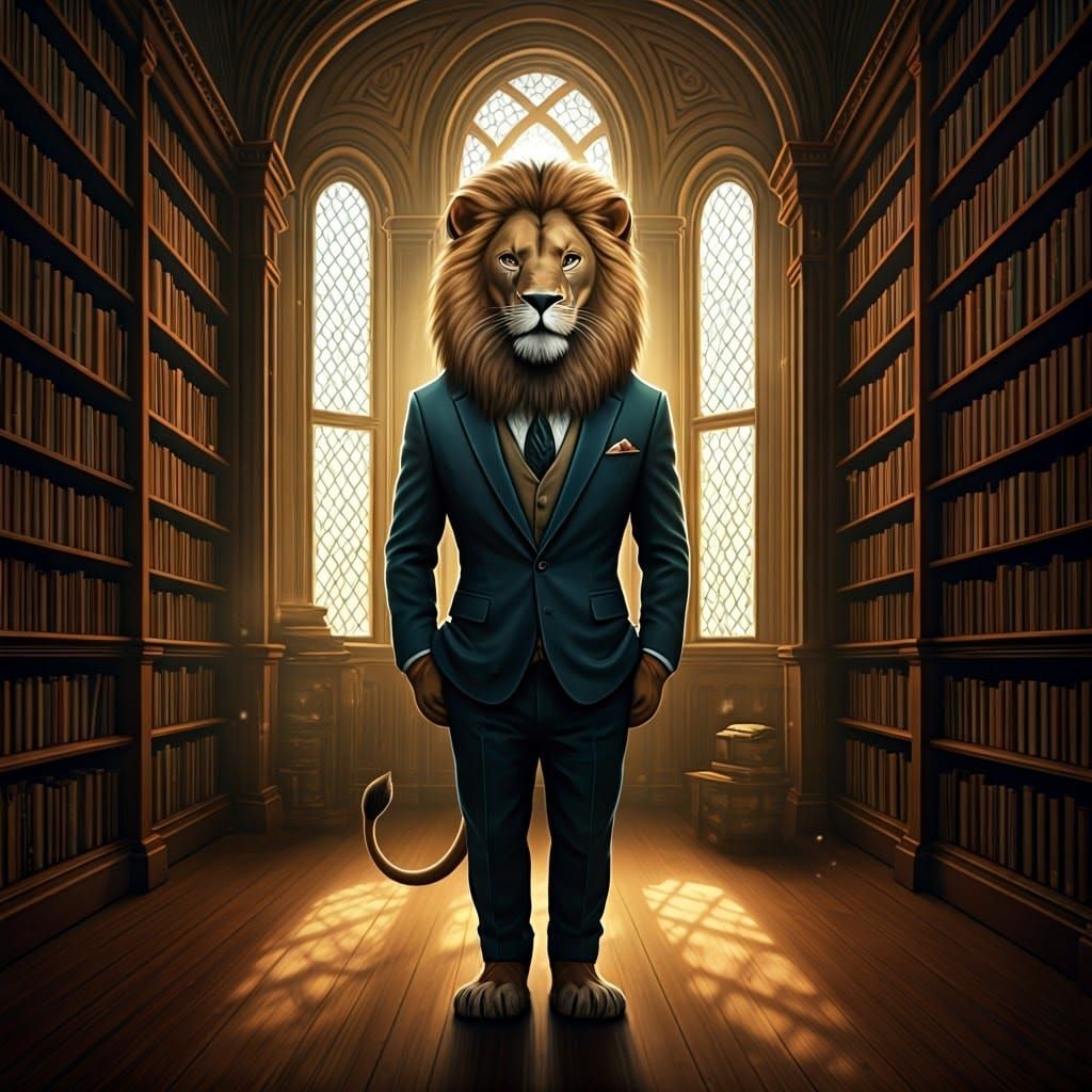 Majestic Lion in Elegant Library, Inspired by Classic Illust...