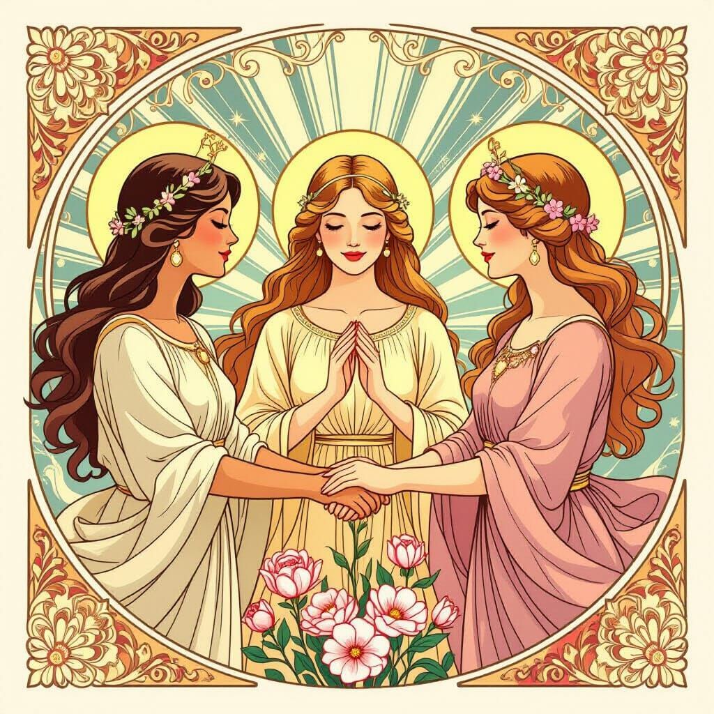 Three Women Holding Hands in Art Nouveau Style