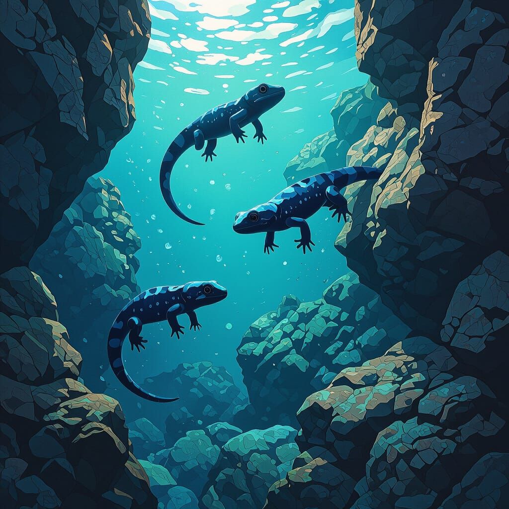 Salamanders Swimming Among Oceanic Rocks in Matte Painting