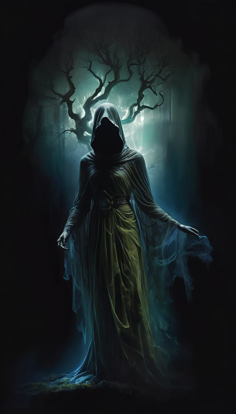 Ethereal Ghostly Figure in Abandoned Roman Landscape