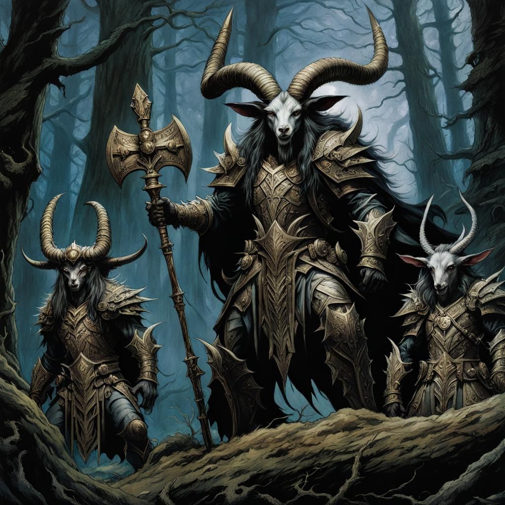 Anthropomorphic Goatmen Raiders in Dark Forest