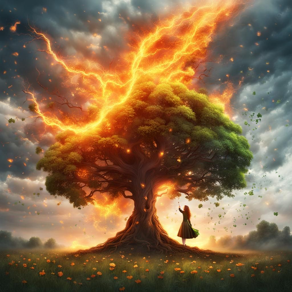 Epic Cinematic Tree Inferno with Goddess of Good Fortune