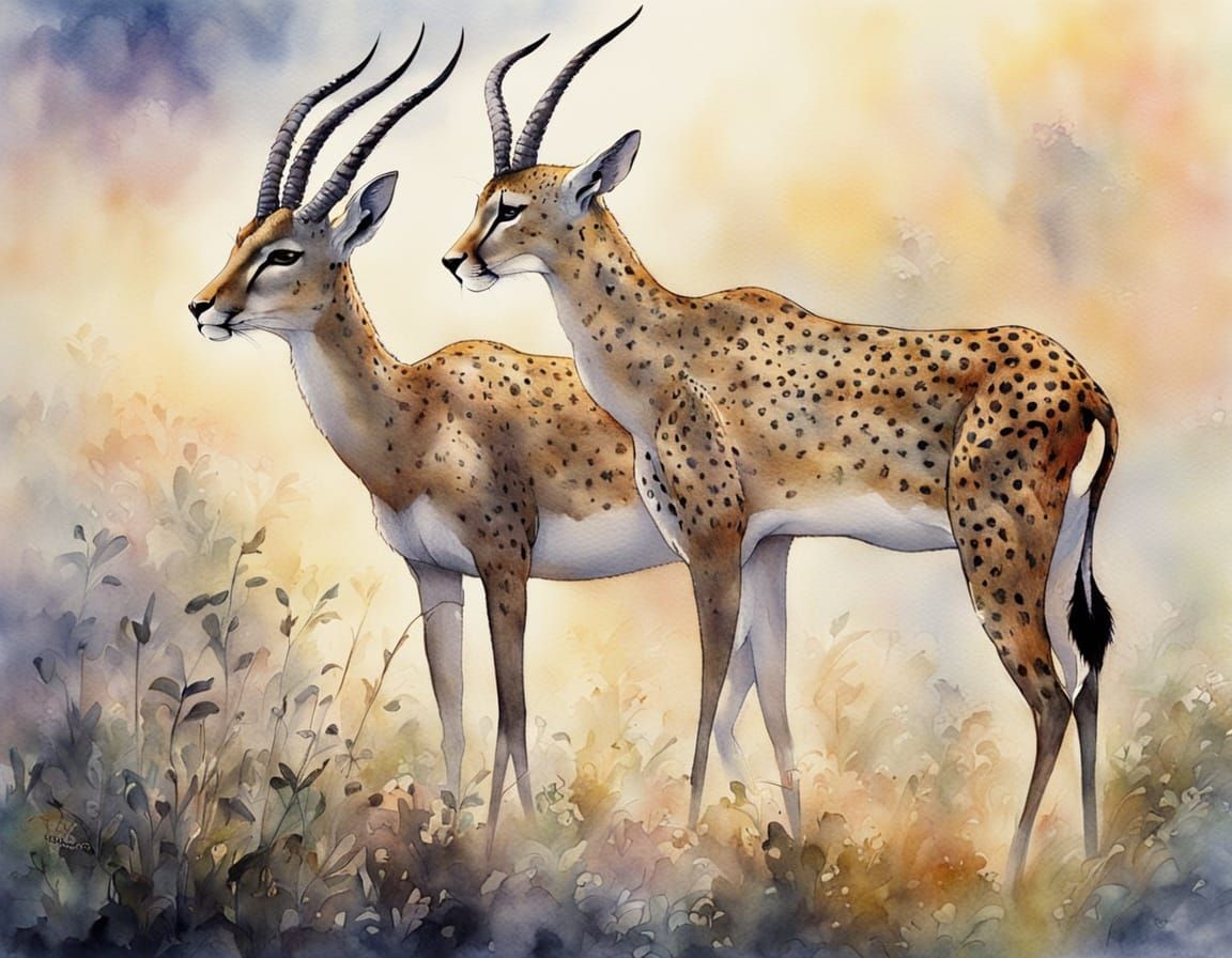 Gazelle and Cheetah Nuzzle in Ethereal Watercolour