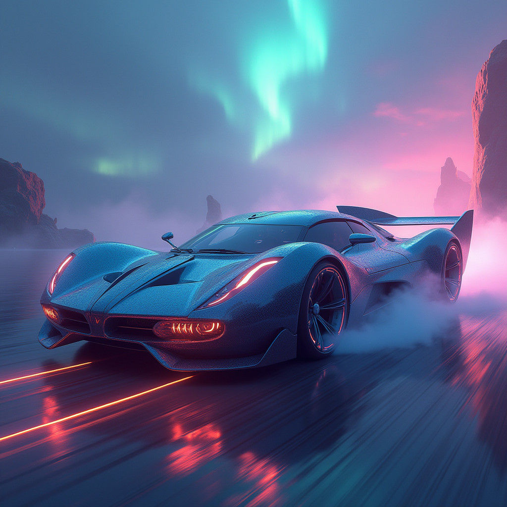 Sleek Futuristic Car Sails Through Vibrant Iridescent Mist